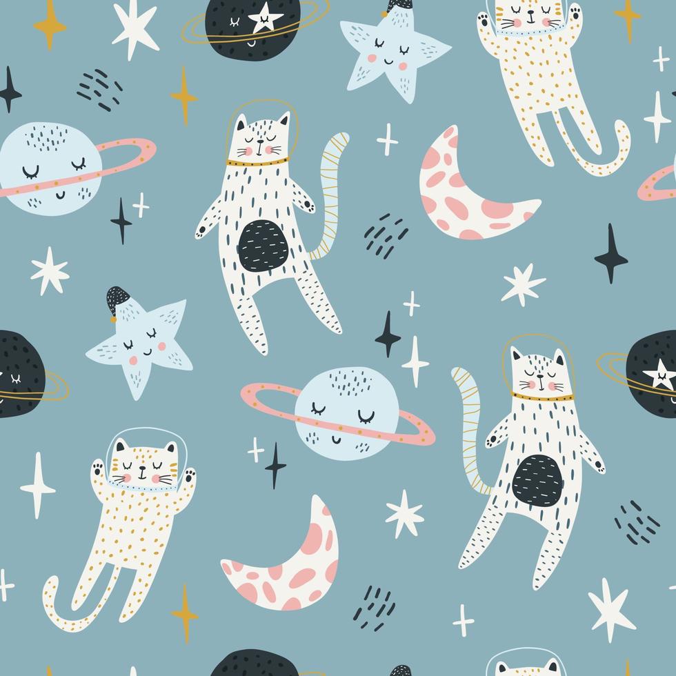 naadloos kinderachtig patroon met kattenastronauten in de ruimte. trendy kleurrijke scandinavische stijl. creatieve scandinavische babytextuur voor stof, verpakking, textiel, behang, kleding. vector illustratie