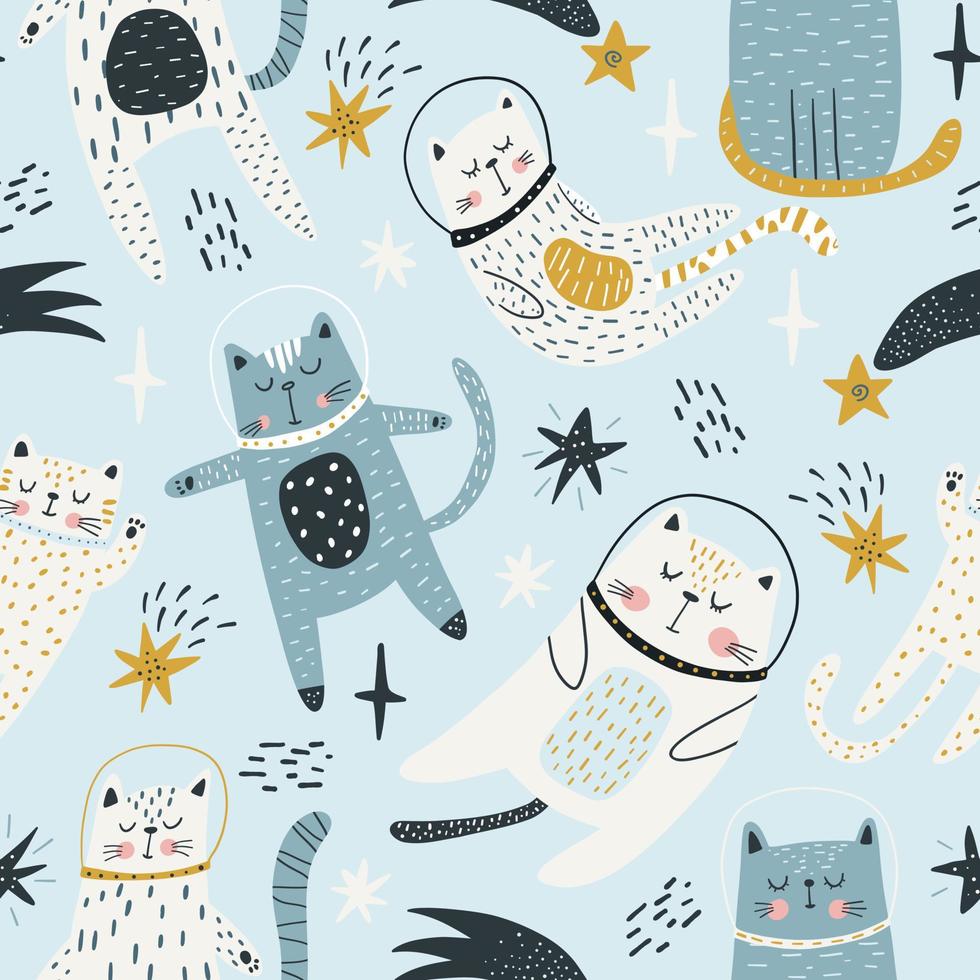 naadloos kinderachtig patroon met kattenastronauten in de ruimte. trendy kleurrijke scandinavische stijl. creatieve scandinavische babytextuur voor stof, verpakking, textiel, behang, kleding. vector illustratie