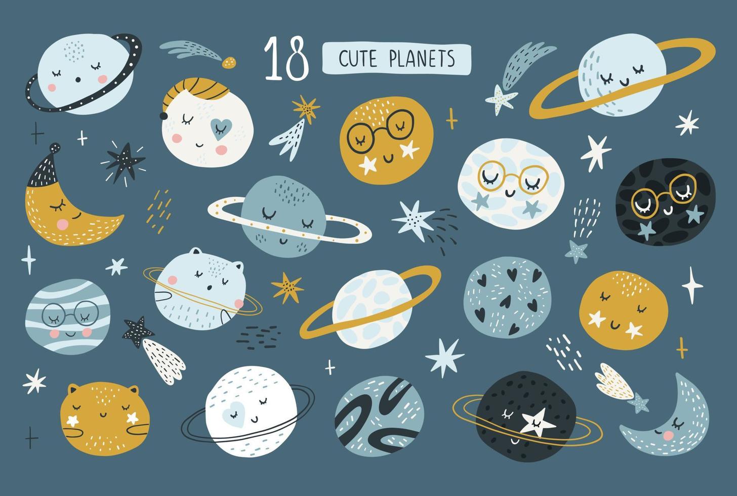 verzameling schattige grappige babyplaneten. grappige baby planeten in platte vectorillustratie. mooie hemellichamen met lachende gezichten. cartoon inheemse kleurrijke astronomische objecten. vector