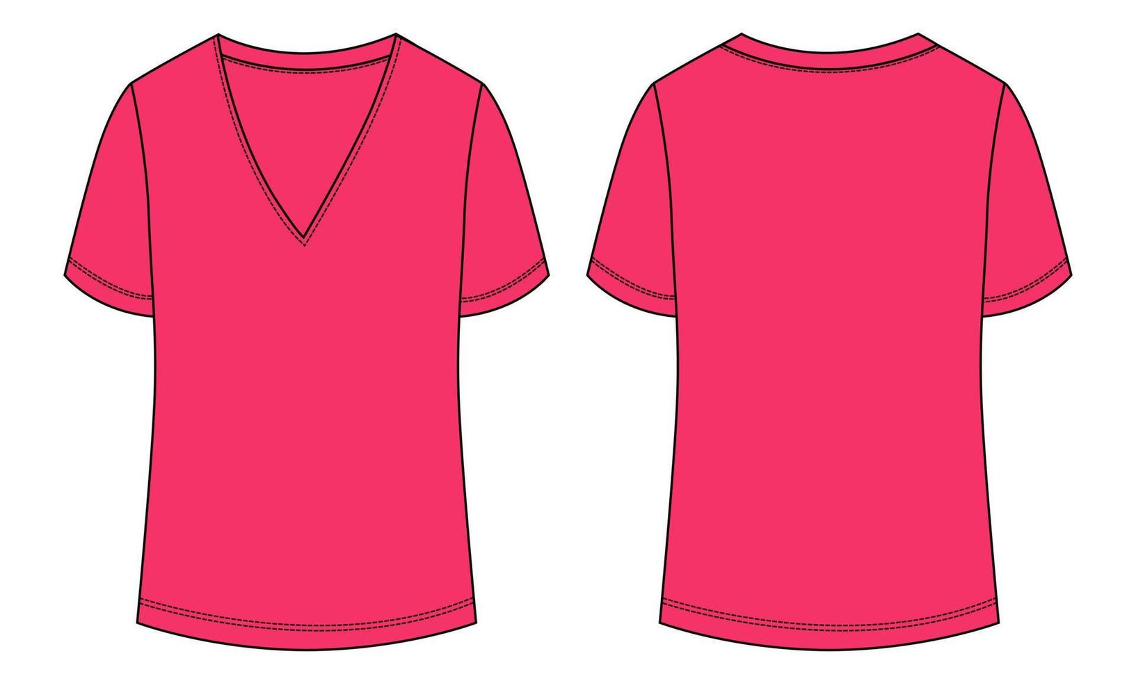 v-hals t-shirt technische mode platte schets vector illustratie roze kleur sjabloon voor dames