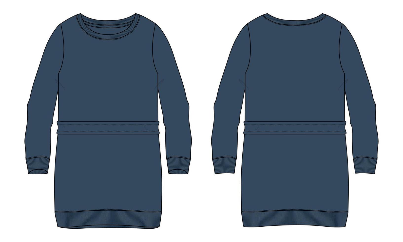 oversized lange katoenen fleece trui technische platte schets vector marineblauwe kleur sjabloon voor dames