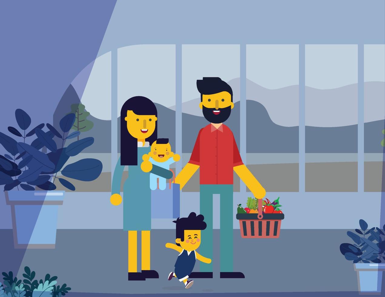 gelukkige familie die voedsel in supermarkt koopt vector