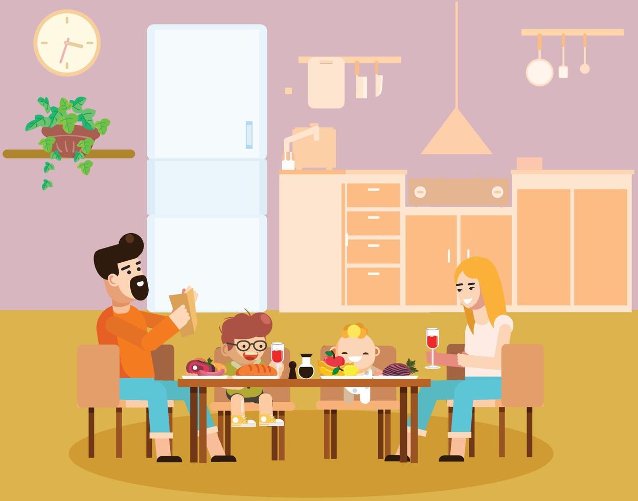 happy cartoon familie dineren samen thuis vector