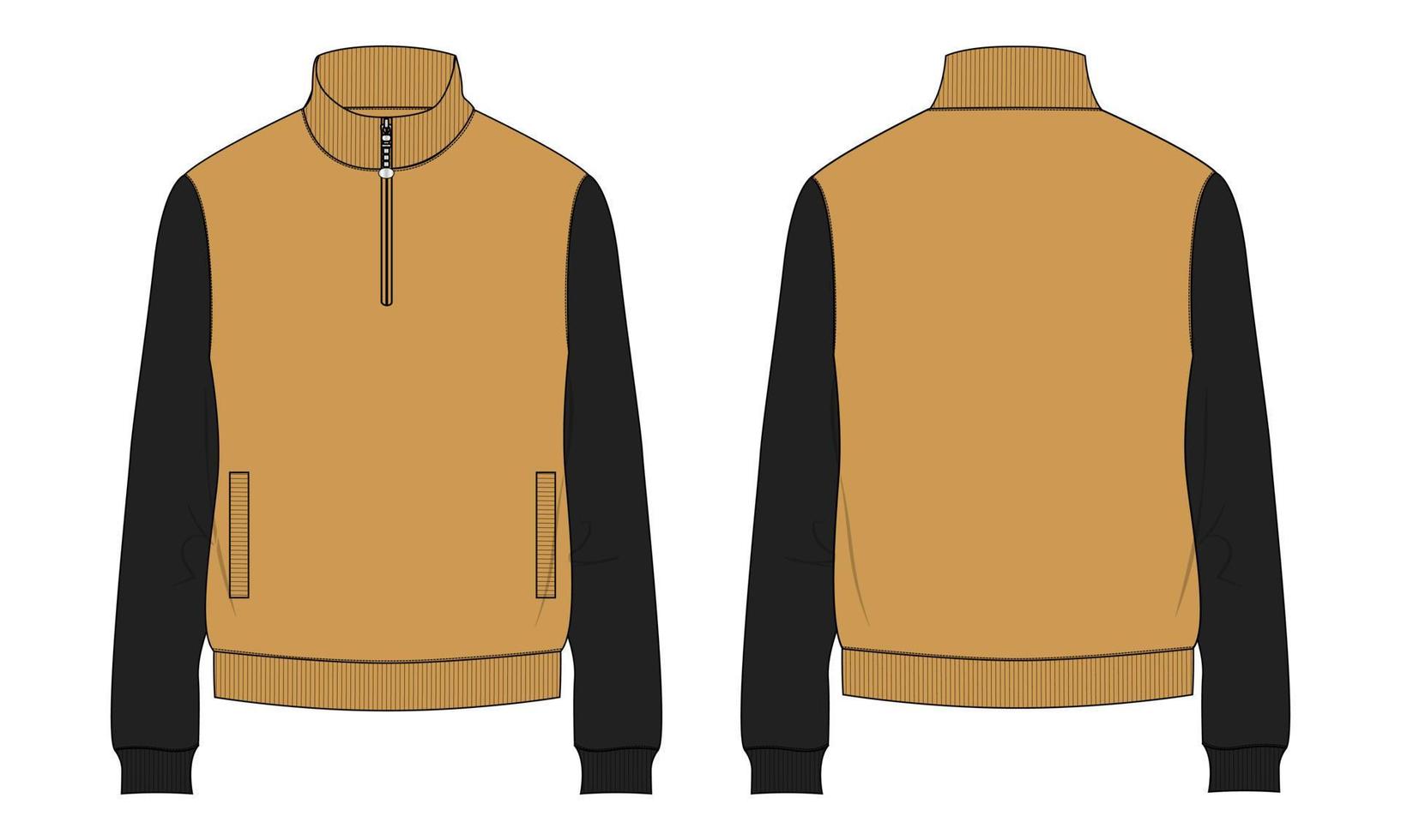 tweekleurige gele en zwarte kleur sweatshirt met lange mouwen jas technische platte schets vector sjabloon