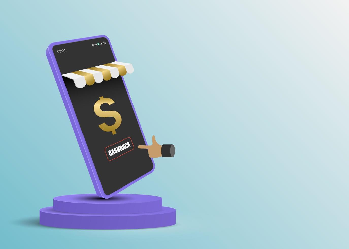 cashback-smartphone op podiumontwerp. vectorillustratie. vector