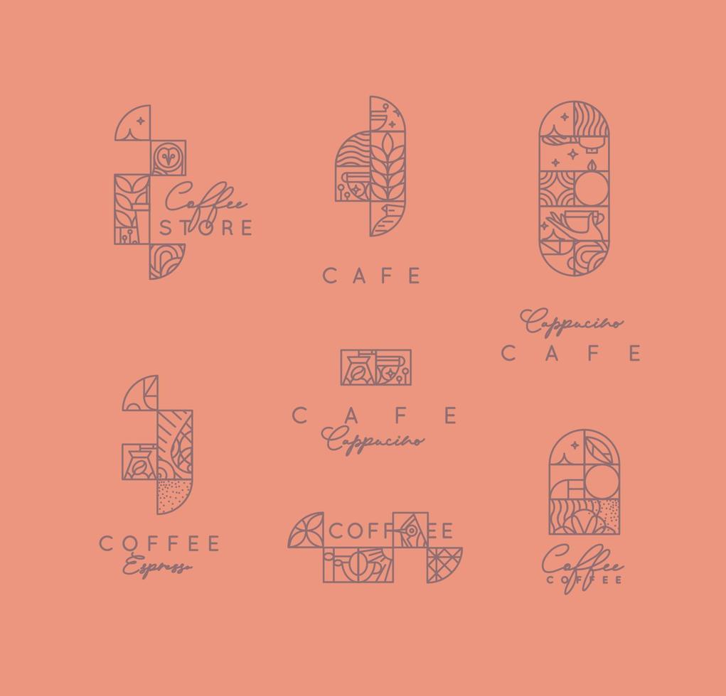 set van creatieve moderne art deco koffie-etiketten in platte lijnstijl tekenen op koraal achtergrond. vector