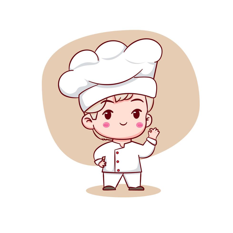 schattig stripfiguur logo van chef-kok. hand getrokken chibi karakter geïsoleerde achtergrond. vector