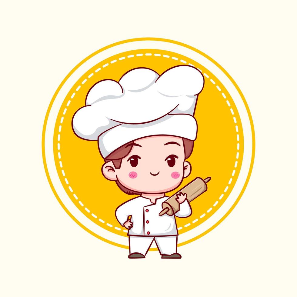 schattig stripfiguur logo van chef-kok. hand getrokken chibi karakter geïsoleerde achtergrond. vector