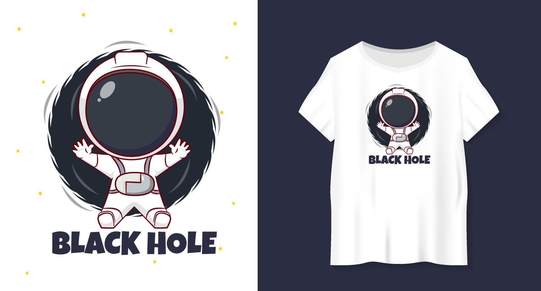 leuke cartoon van astronaut en zwart gat met tshirt mockup handgetekende chibi karakter vector