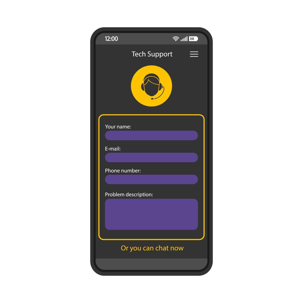 hulp vragen formulier smartphone interface vector sjabloon. mobiele app zwarte ontwerplay-out. tech klantenservice-applicatiepaginascherm. platte ui. technische assistentie, chat nu op telefoondisplay