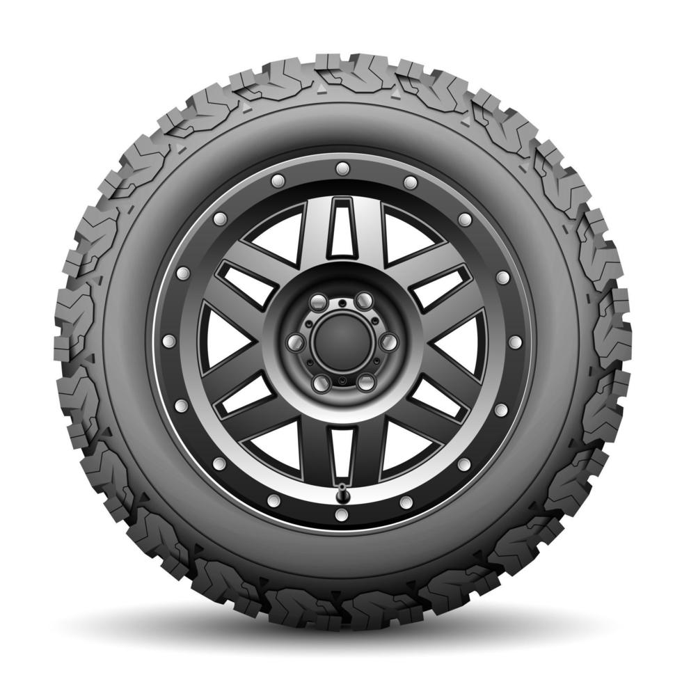 realistisch autowiel offroad zwart metaalrubber op witte vector als achtergrond