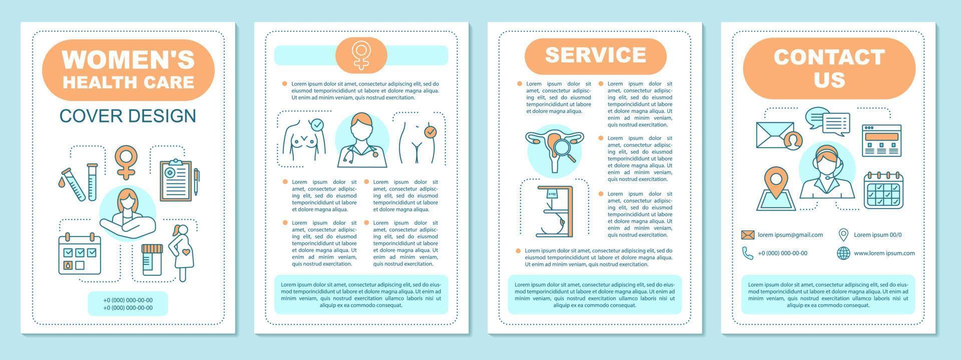 gynaecologie brochure sjabloon lay-out. kliniek voor vrouwengezondheidszorg. geneeskundig onderzoek. flyer, boekje, folder print ontwerp. geneeskunde en gezondheidszorg. vectorpaginalay-outs voor tijdschriften, rapporten, posters vector