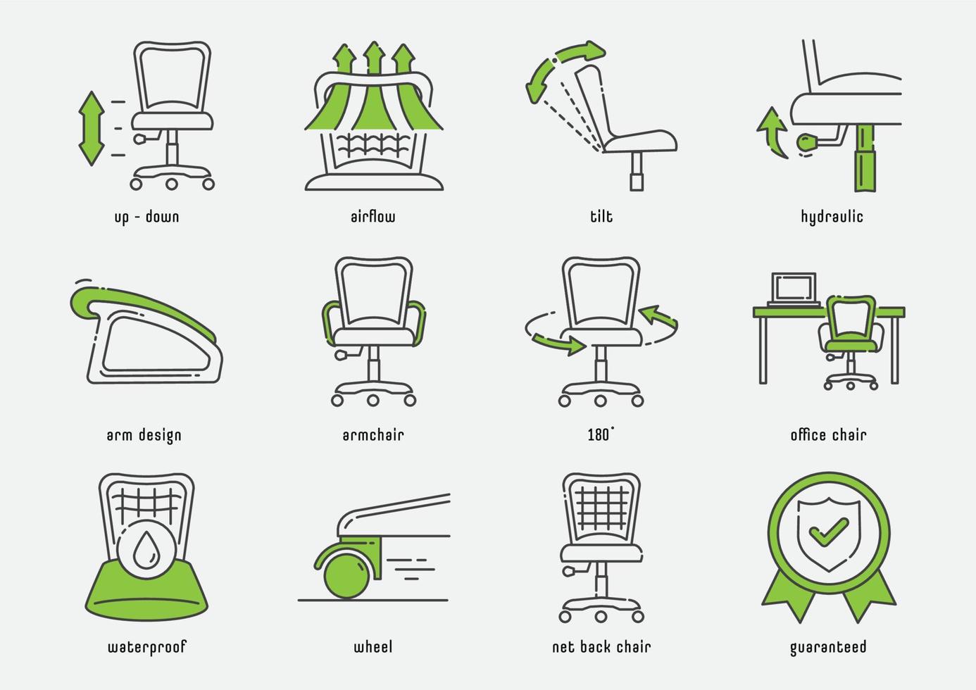 bureaustoel functie icon set vector