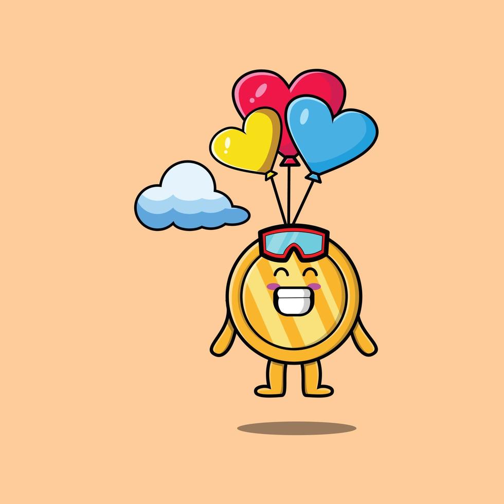 schattige cartoon gouden munt is parachutespringen met ballon vector