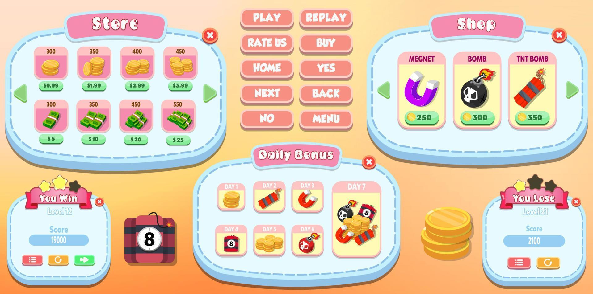 game ui kit met menu's, pop-up, schermen en game-elementen vector