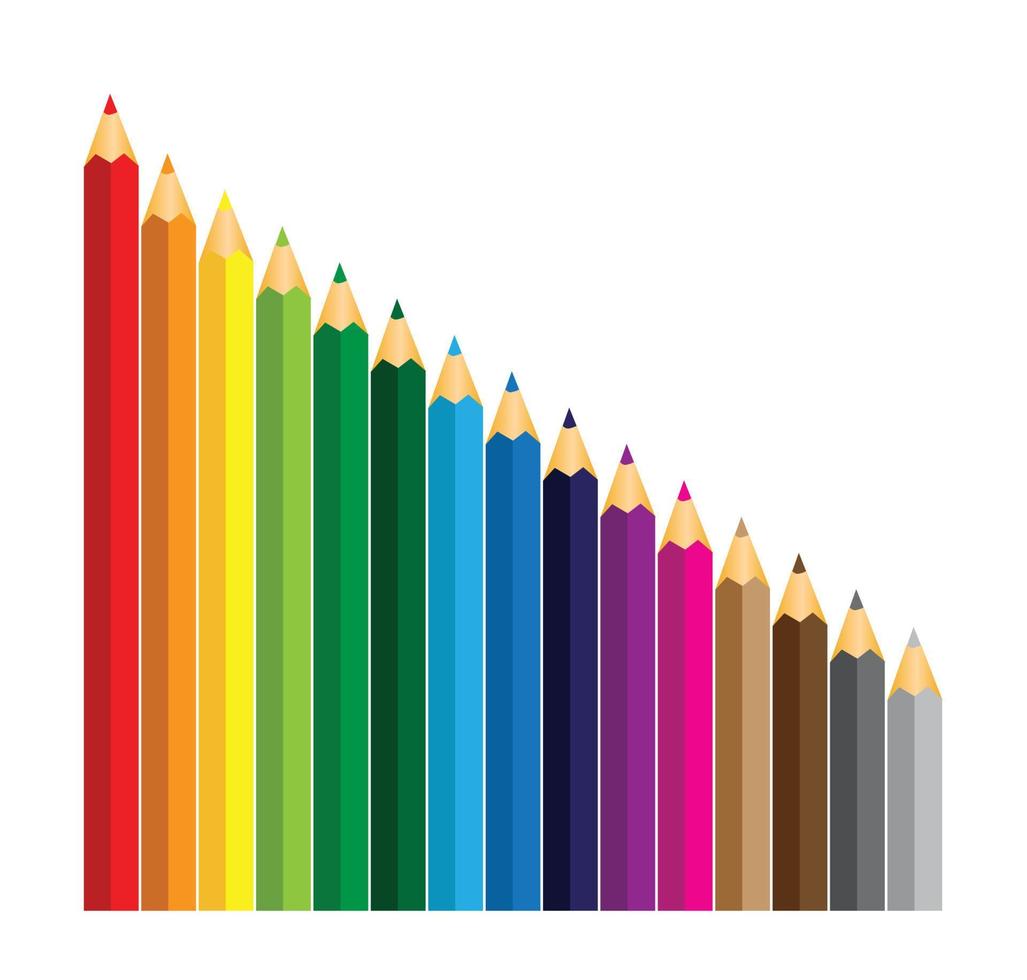 kleurpotloden die in rij op witte achtergrond leggen, kleurrijke kleurpotloden, vectorillustratie. vector