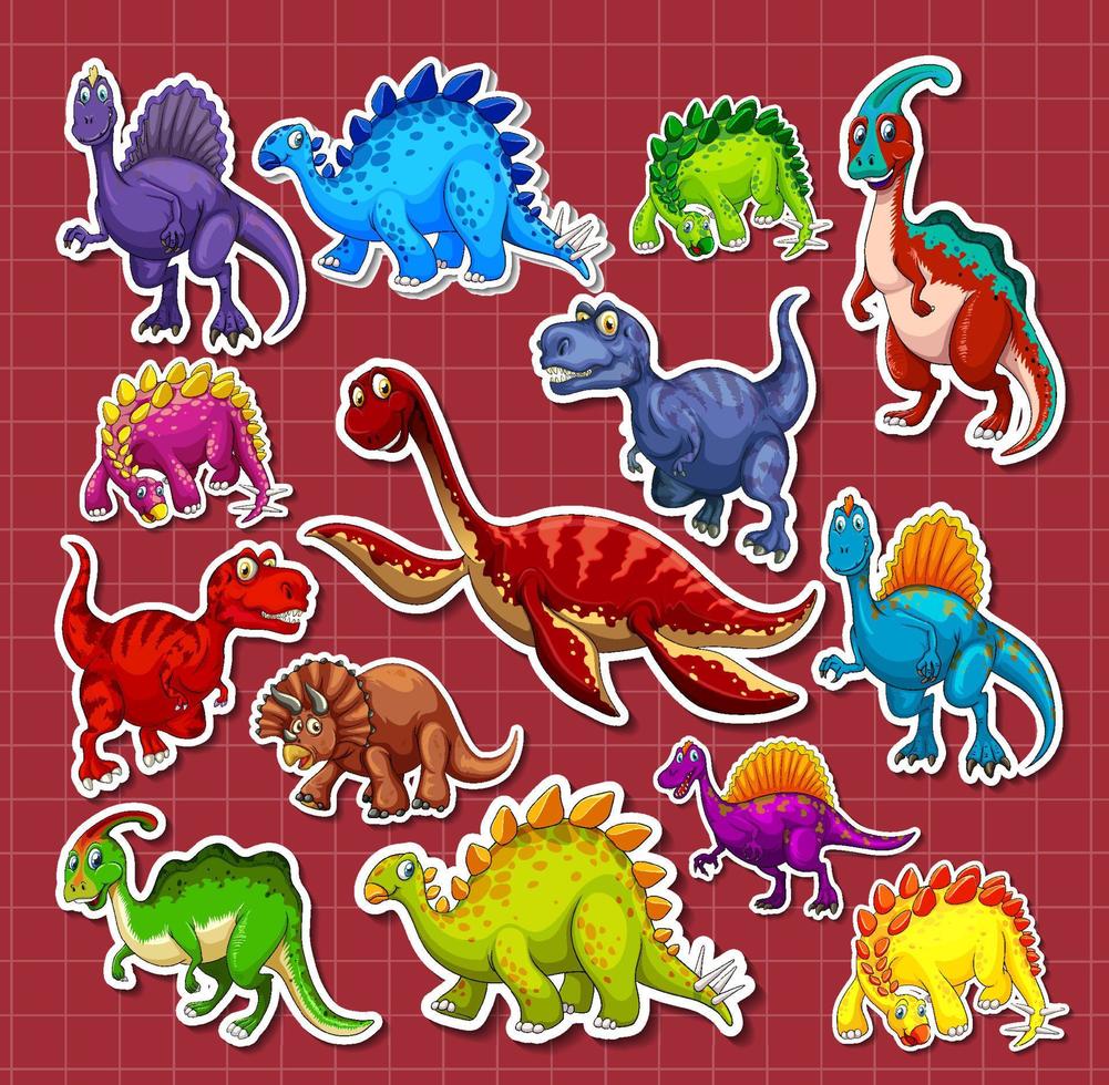 stickerset van verschillende stripfiguren van dinosaurussen vector