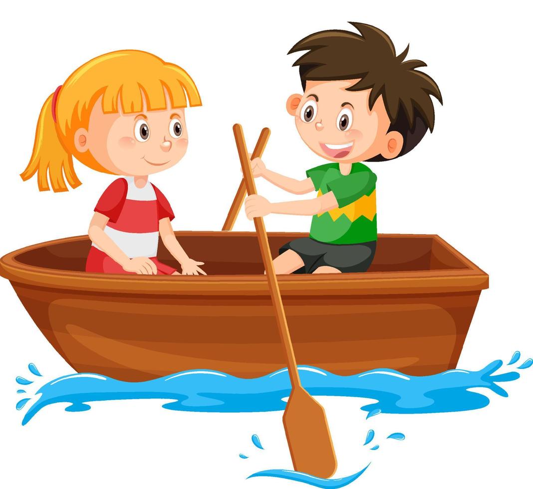 jongen en meisje peddelen de boot op witte achtergrond vector