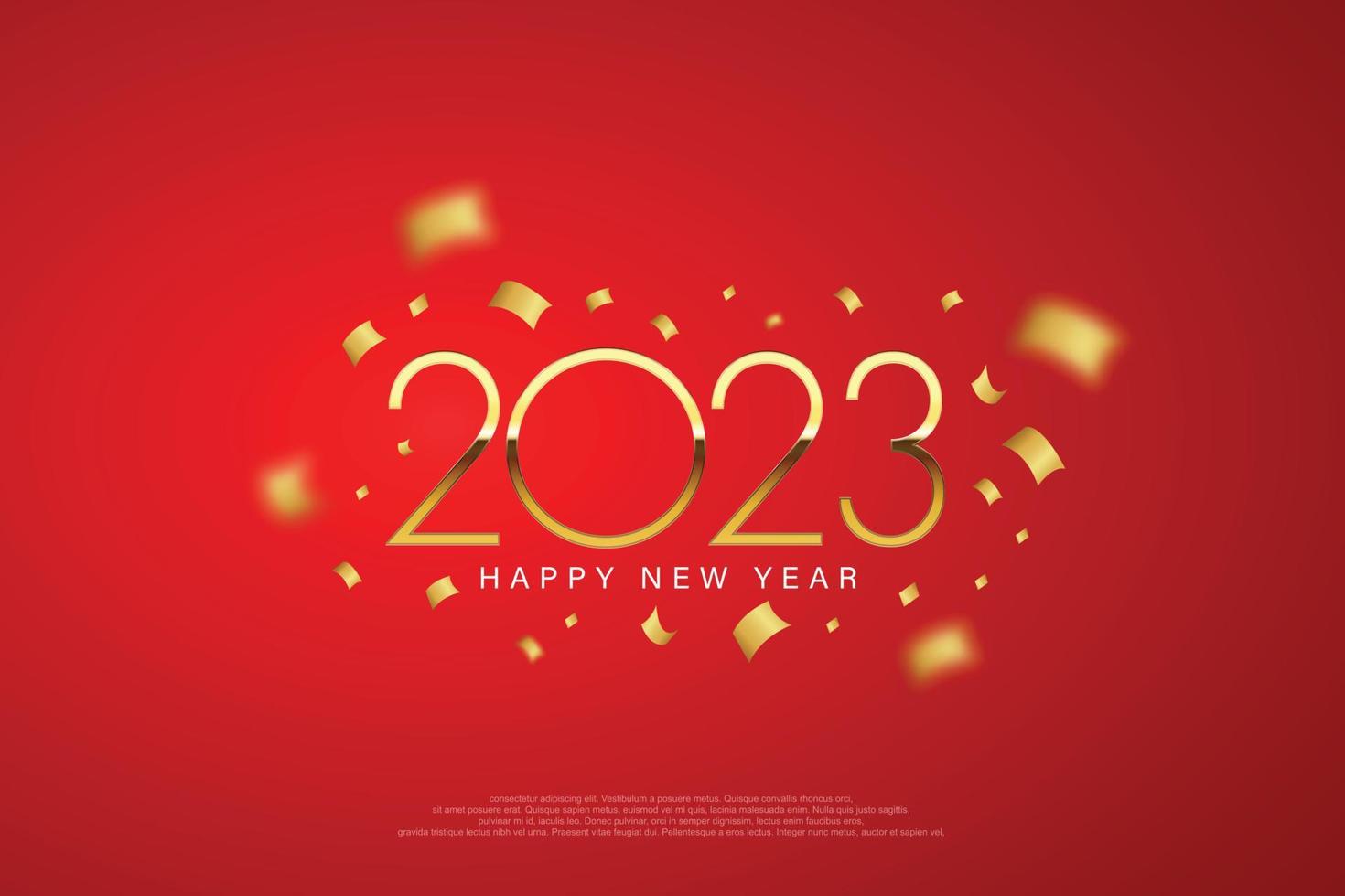 2023 gelukkig nieuwjaar elegant ontwerp - vectorillustratie van gouden 2023 logo nummers op rode achtergrond - perfecte typografie voor 2023 bewaar de datum luxe ontwerpen en nieuwjaarsviering. vector