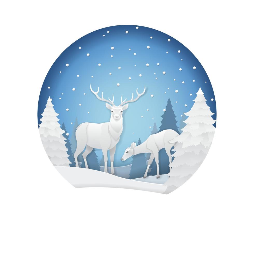 papierkunst en digitale ambachtelijke stijl van hertenpaar in bos met sneeuw in het winterseizoen en kerstdagconcept vector