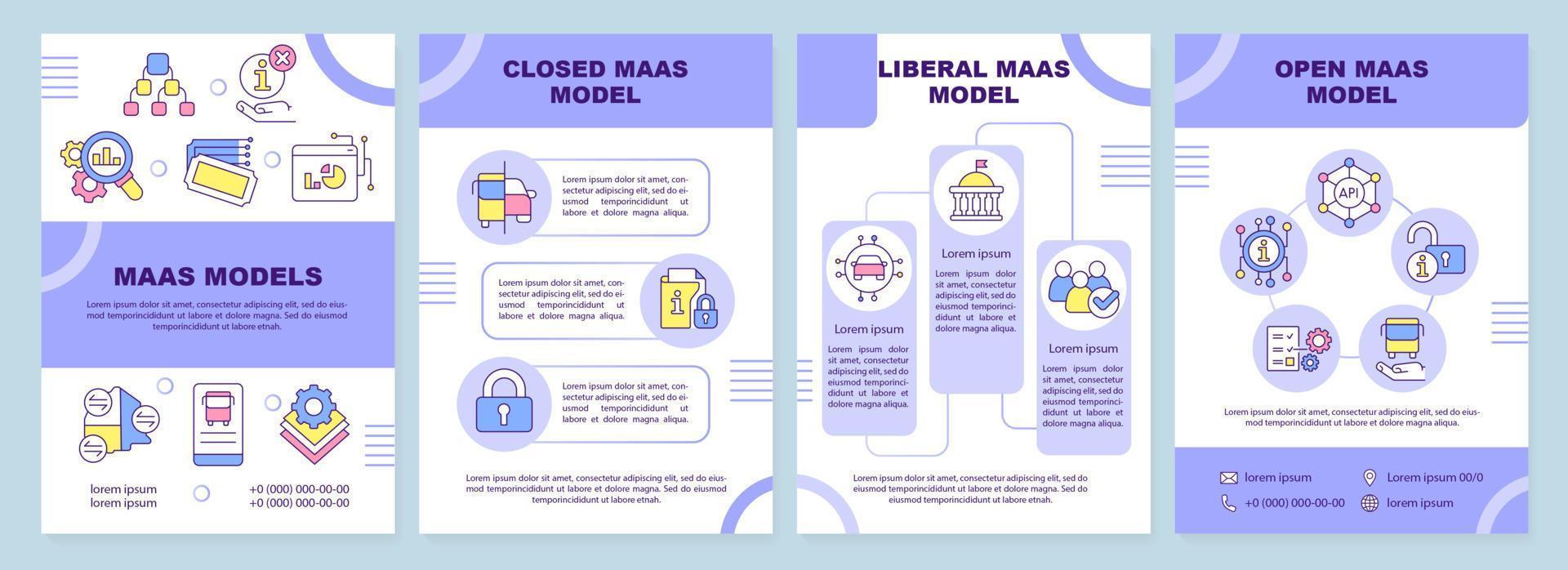 maas modellen paarse brochure sjabloon. mobiliteitsdiensten. folderontwerp met lineaire pictogrammen. bewerkbare 4 vectorlay-outs voor presentatie, jaarverslagen. vector