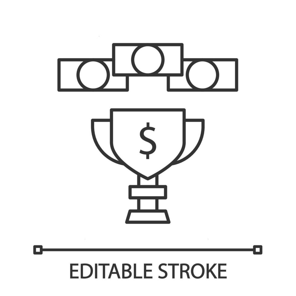 prijzengeld lineaire pictogram. esports toernooi. gamer winnende beker met contant geld. winnaar pot van het spel. kampioen trofee. dunne lijn illustratie. contour symbool. vector geïsoleerde overzichtstekening. bewerkbare streek