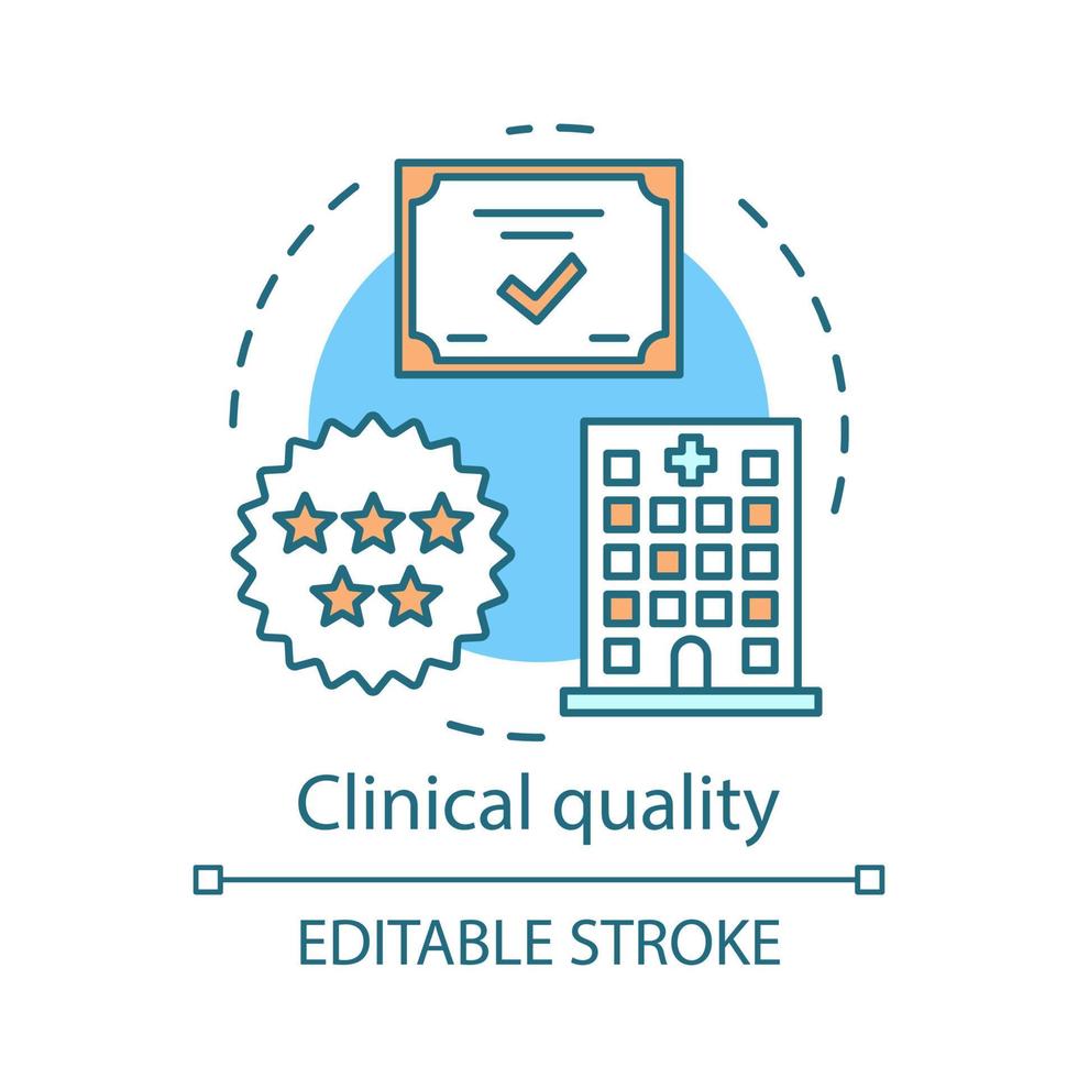 klinische kwaliteit concept icoon. beoordeling van medische instellingen. medisch centrum, universiteit, kliniek idee dunne lijn illustratie. vector geïsoleerde overzichtstekening