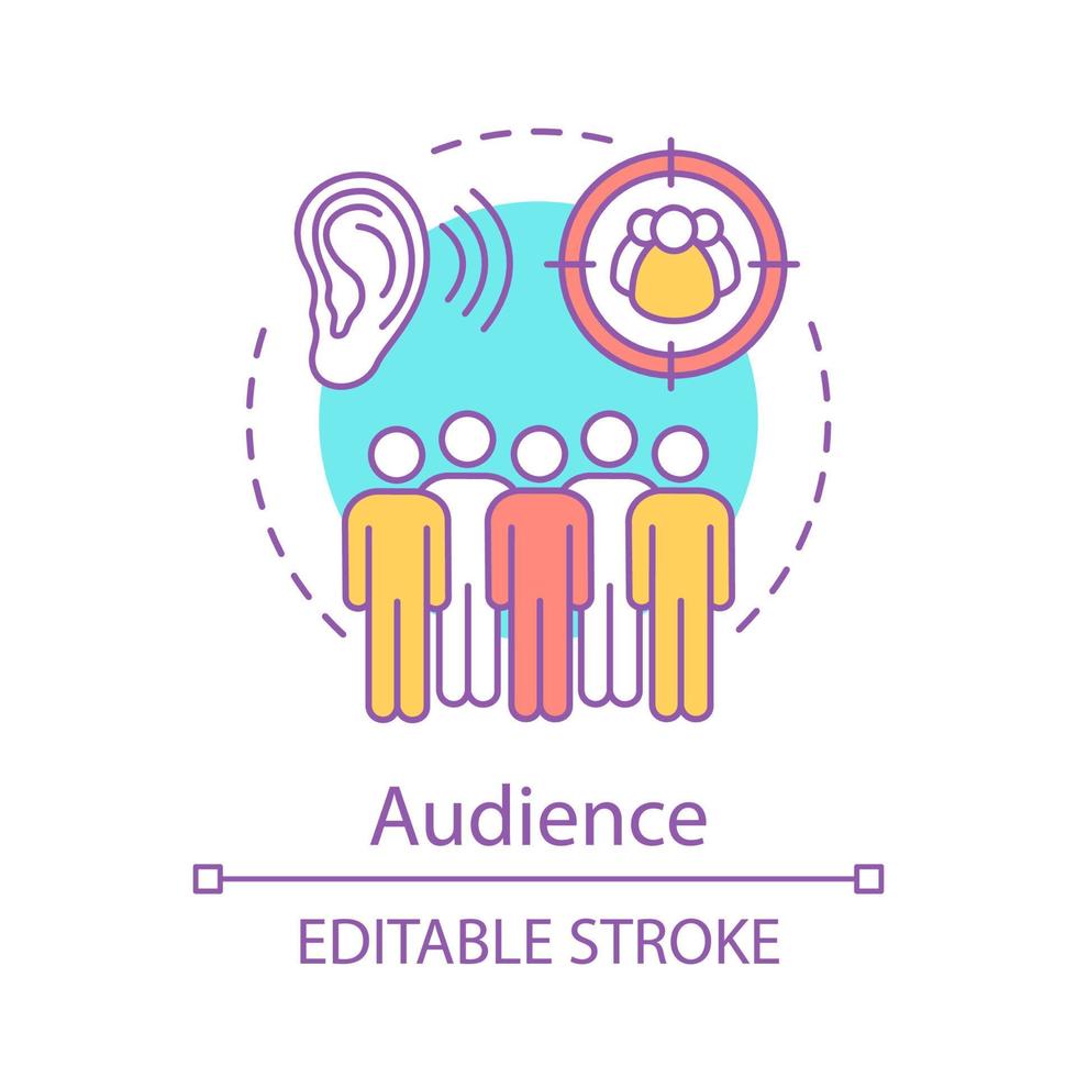 publiek concept icoon. luisteren. groep mensen. doelgroep. gemeenschap, samenleving. spreken in het openbaar idee dunne lijn illustratie. communicatie vaardigheden. vector geïsoleerde tekening. bewerkbare streek