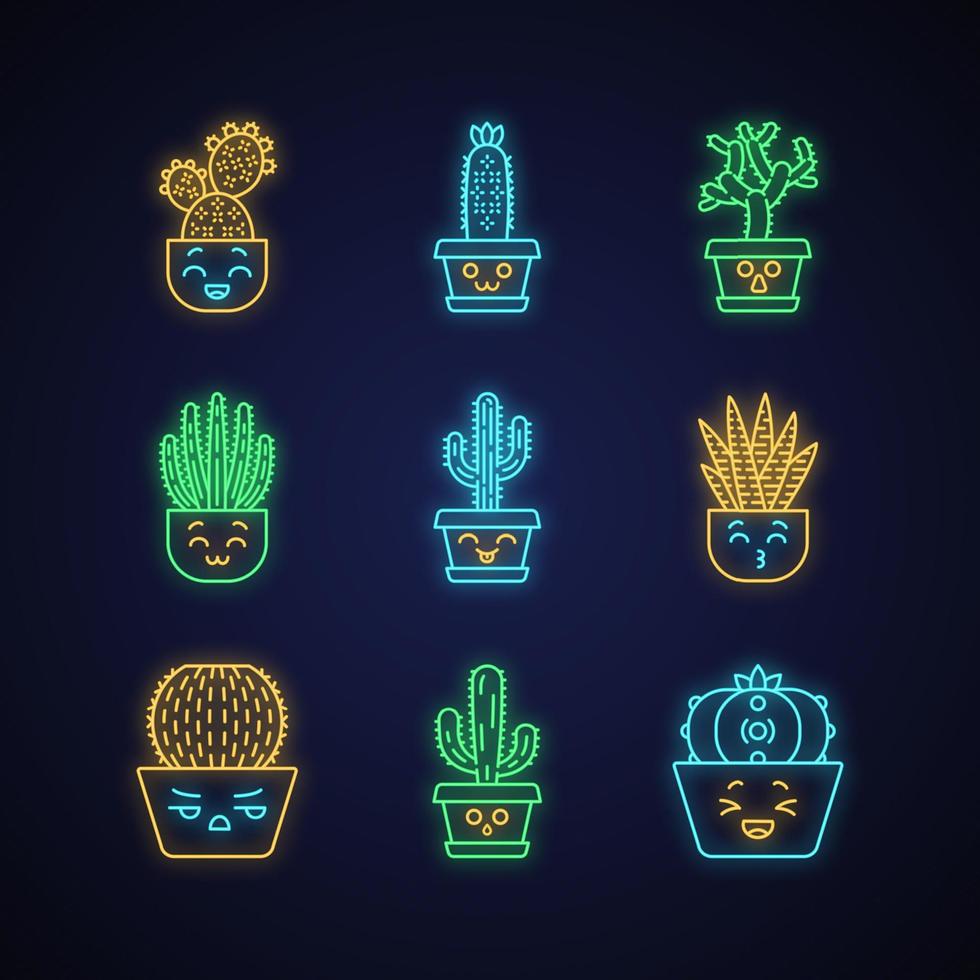 cactussen schattige kawaii neonlichtkarakters. plant met lachend gezicht. kussende zebracactussen in pot. grappige emoji, emoticon set. gloeiende pictogrammen met alfabet, cijfers, symbolen. vector geïsoleerde illustratie