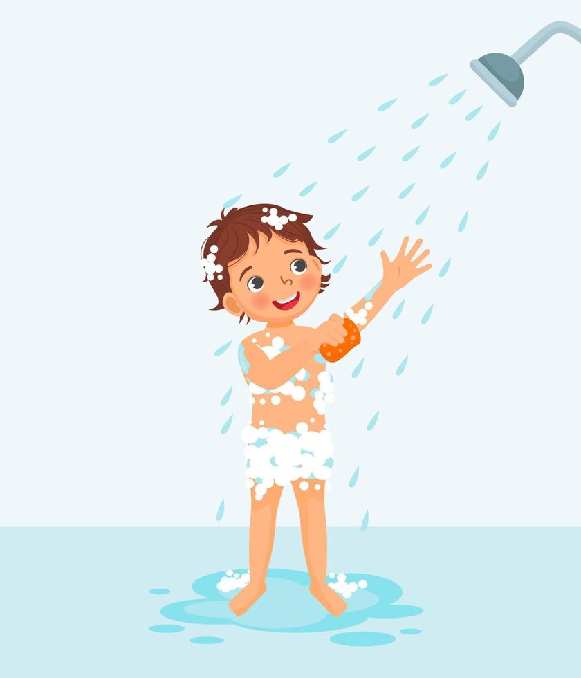 schattige kleine jongen geniet van het douchen in de badkamer met pluizige zeepbel vector