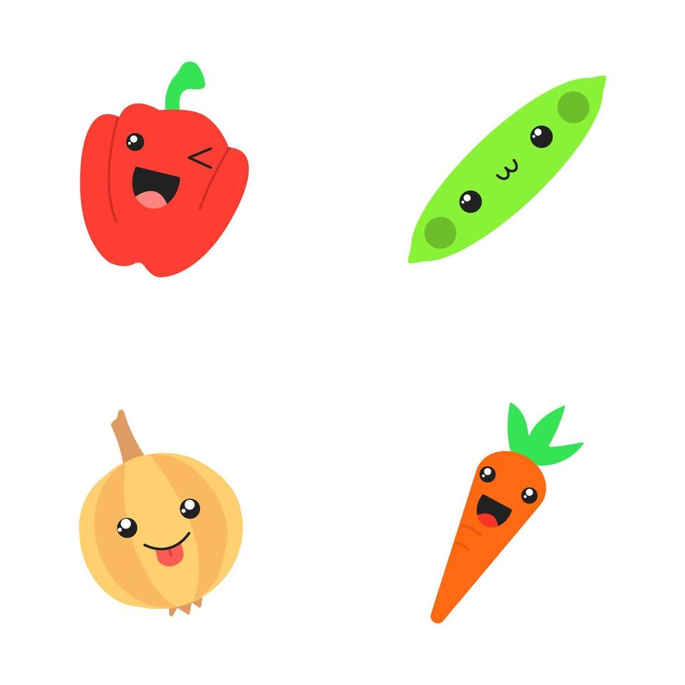 groenten schattig kawaii platte ontwerp lange schaduw tekens set. erwt, ui, wortel met lachende gezichten. knipogende paprika. grappige emoji, emoticon, glimlach. vector geïsoleerde silhouetillustratie