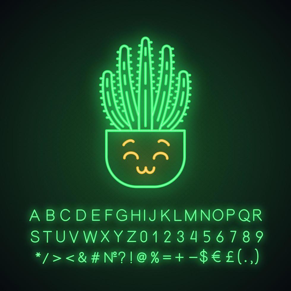 orgelpijpcactus schattig kawaii neonlichtkarakter. pitahaya met lachend gezicht. huiscactussen in pot. grappige emoji, emoticon. gloeiend pictogram met alfabet, cijfers, symbolen. vector geïsoleerde illustratie