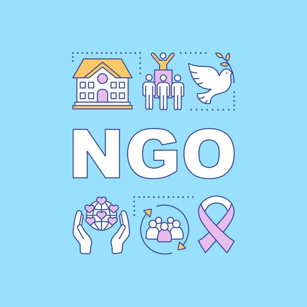 ngo woord concepten banner. niet-gouvernementele, non-profit organisatie. presentatie, website. geïsoleerde belettering typografie idee met lineaire pictogrammen. liefdadigheidsinstelling. vector overzicht illustratie