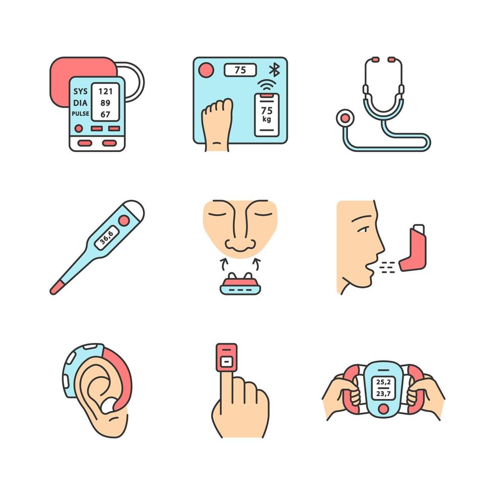 medische apparaten kleur pictogrammen instellen. bloeddrukmeter, slimme weegschaal voor lichaamsgewicht, thermometer, neusklem tegen snurken, inhalator, gehoorversterker, vingerpulsoximeter. geïsoleerde vectorillustraties vector