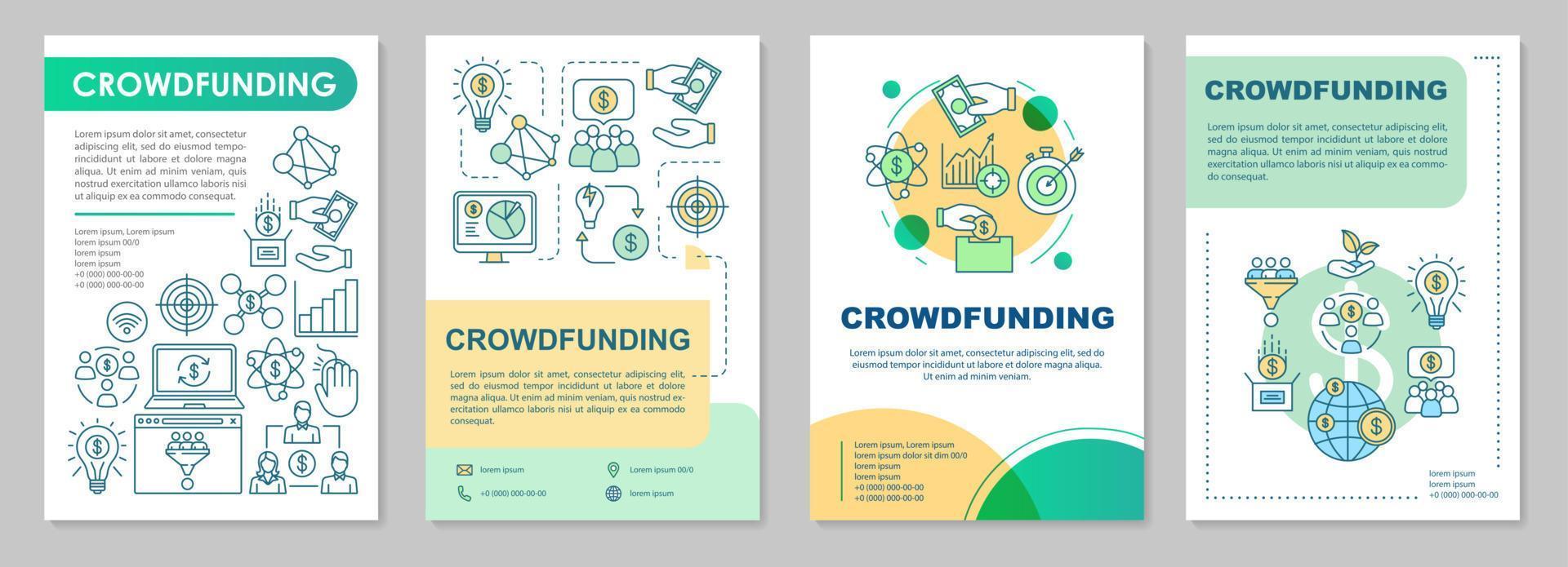 Crowdfunding brochure sjabloon lay-out. online financieringscampagne. flyer, boekje, folder printontwerp met lineaire illustraties. vectorpaginalay-outs voor tijdschriften, jaarverslagen, reclameposters vector