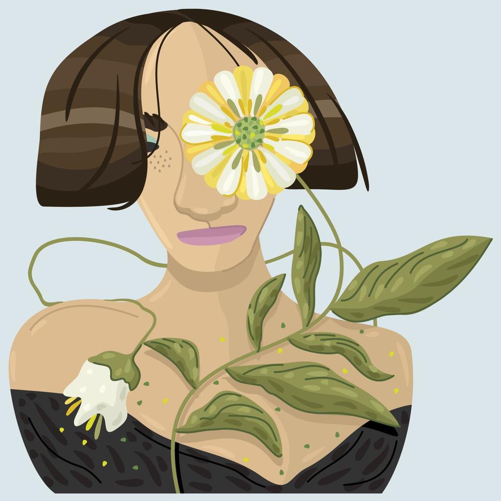 vector portret van een vrouw met bloemen in de buurt van haar gezicht.