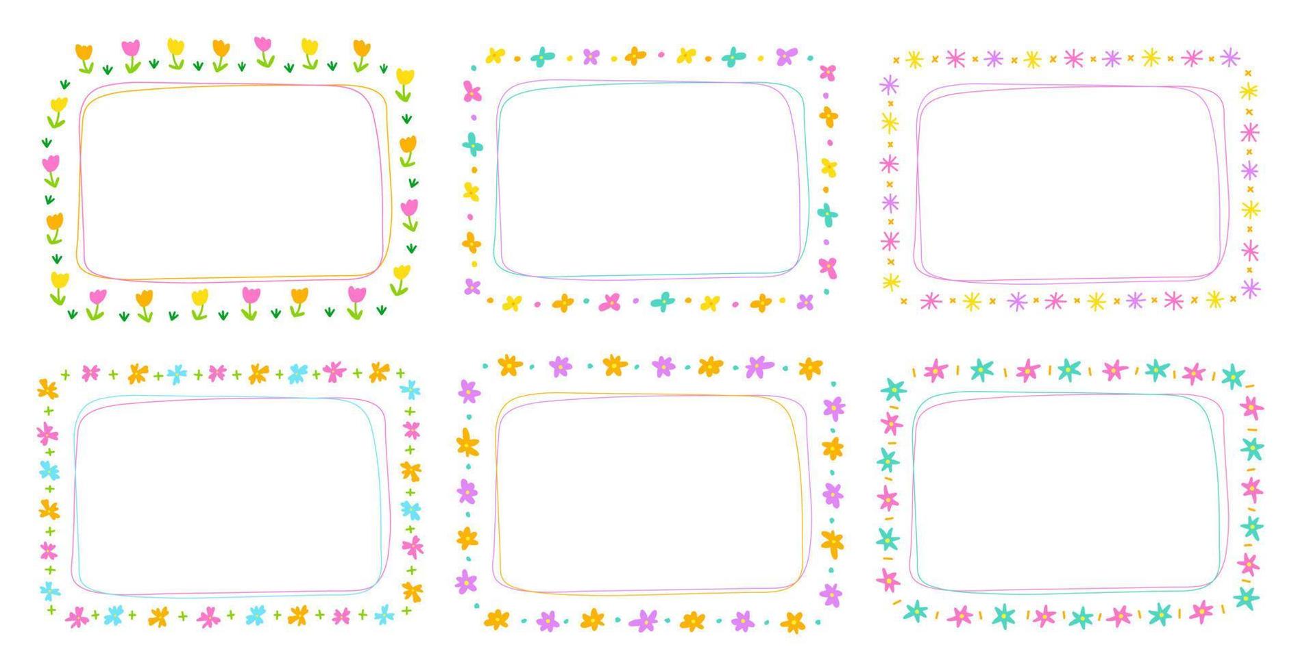 schattig abstract madeliefje bloem rechthoek doodle vrije hand tekening getrokken lijn grenzen frames krans plaat set collectie vlakke stijl regenboog kleurrijke achtergrond vector illustratie pack