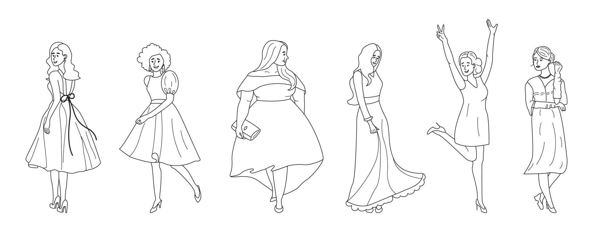 stijlvolle jonge vrouwen die galajurken dragen. meisjes in avondoutfits in lijnschetsstijl. vrouwelijke afstudeerfeestkleding. schets vectorillustratie geïsoleerd op een witte achtergrond vector