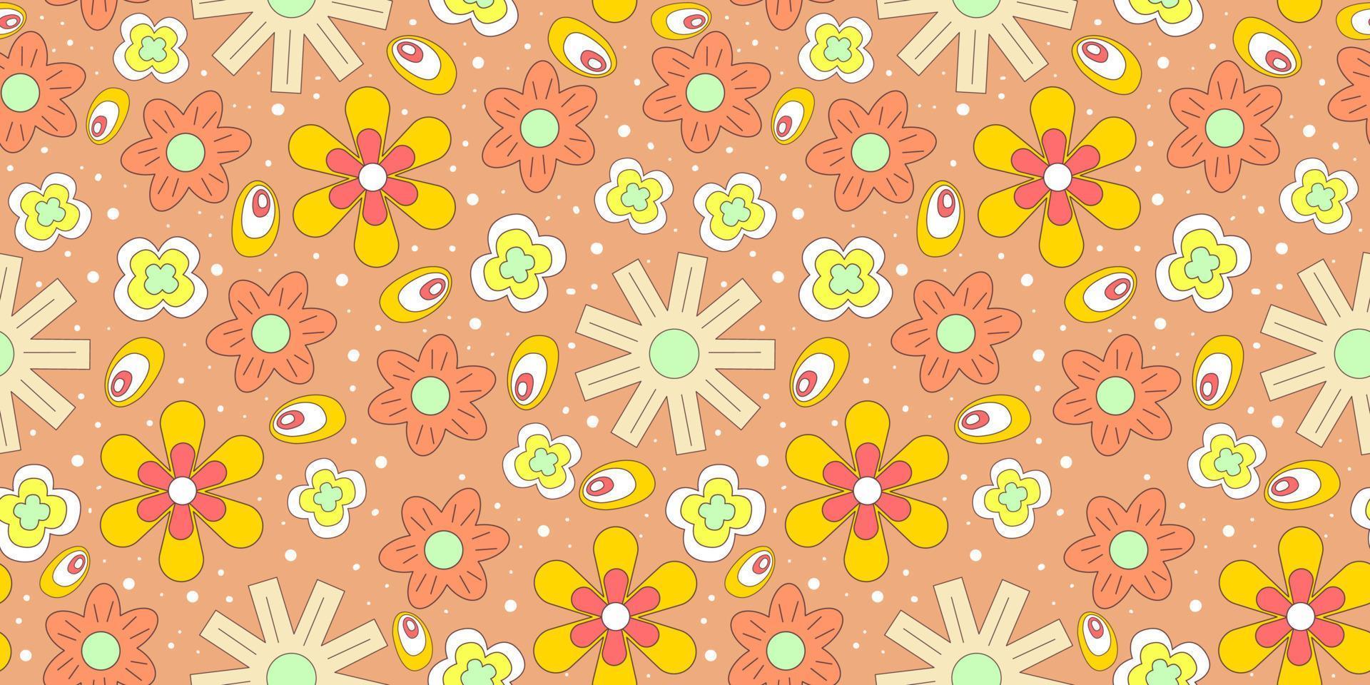 naadloos patroon met retro bloemen 70. psychedelisch groovy geometrisch patroon met bloemen. madeliefje voor hippie achtergrond. platte vectorillustratie. psychedelisch behang vector