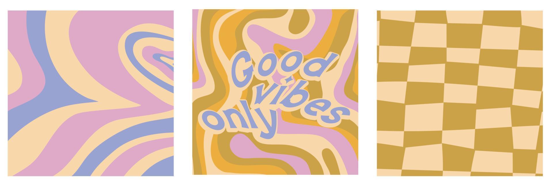 set groovy retro poster met bloem, citaten en abstract. hippie slogan alleen goede vibes en psychedelische achtergrond in set. retro hip vectorillustratie. vector