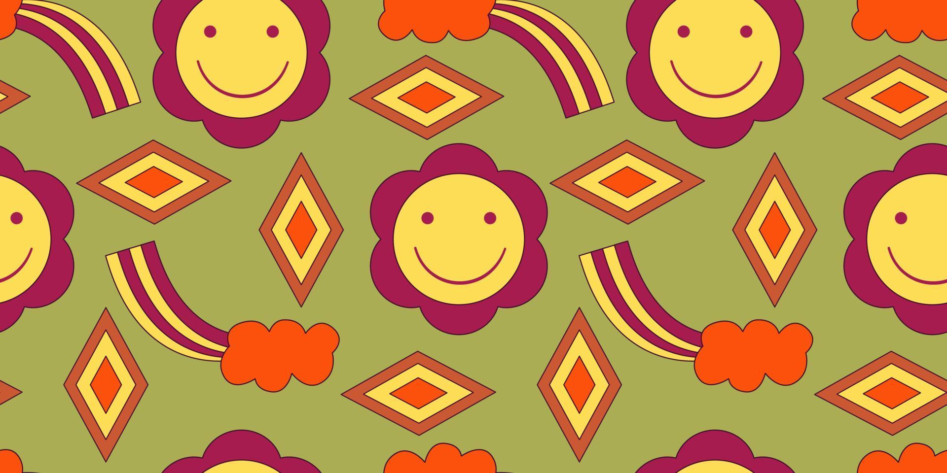 groovy y2k retro naadloos patroon met bloem, glimlach en regenboog. retro vectorillustratie. hip bloem achtergrond. kleurrijke hippie naadloze patroon illustratie. vector