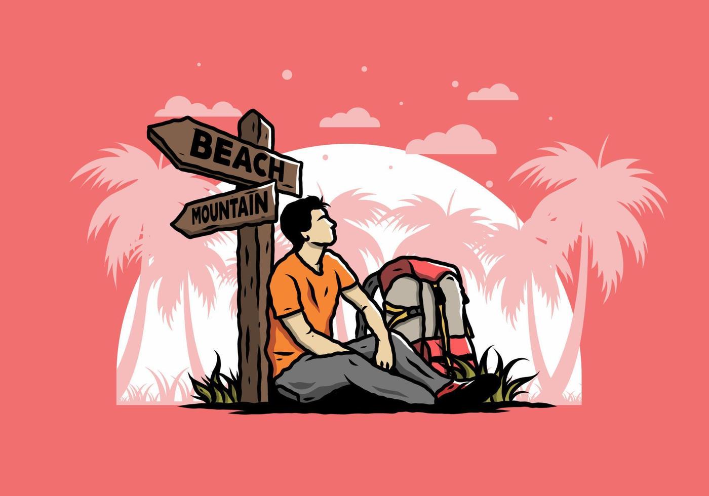 man zit op de grond naast de weg teken strand en berg illustratie vector