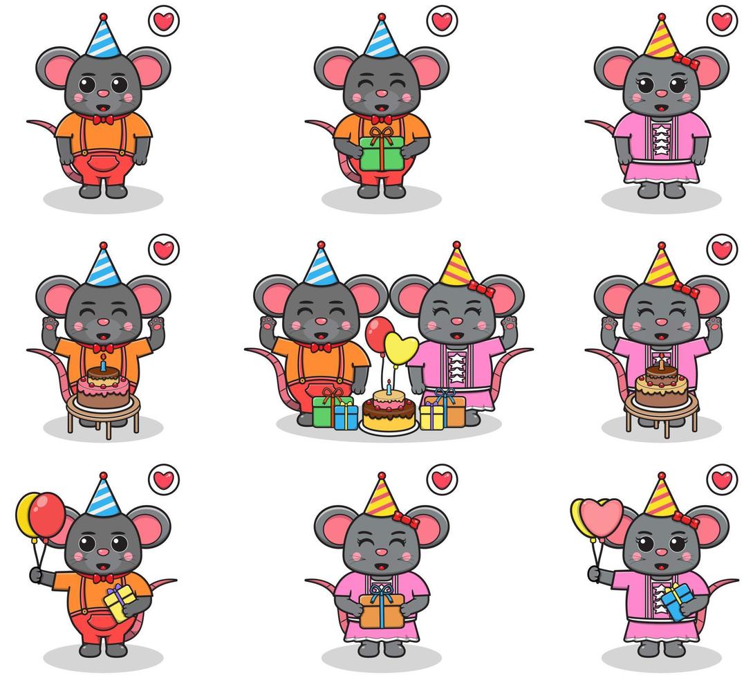 vector van schattige muis in verjaardagsfeestje. set van schattige kleine muiskarakters. verzameling van grappige muis geïsoleerd op een witte achtergrond.