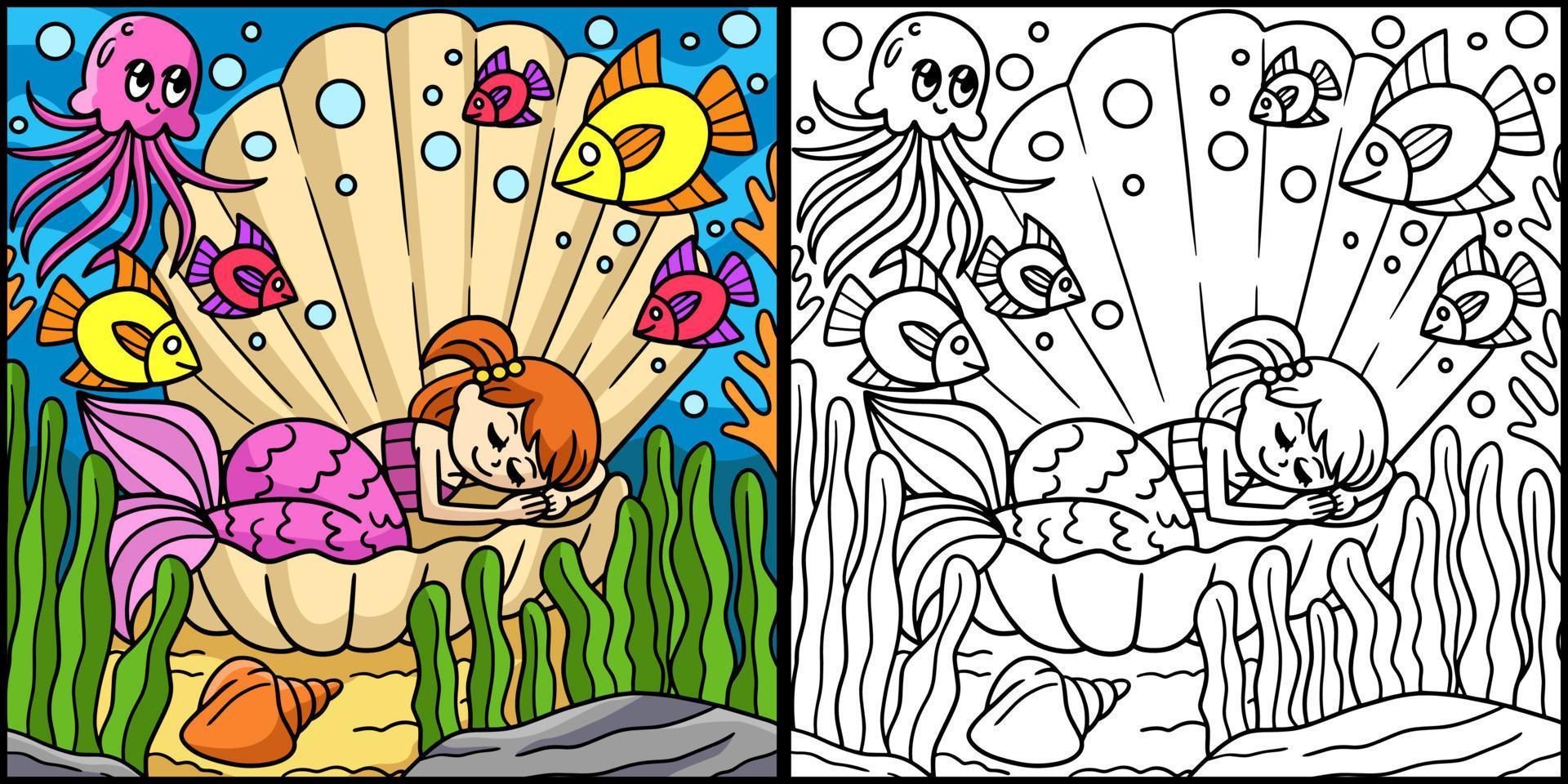 slapende zeemeermin in een schelp gekleurde illustratie vector