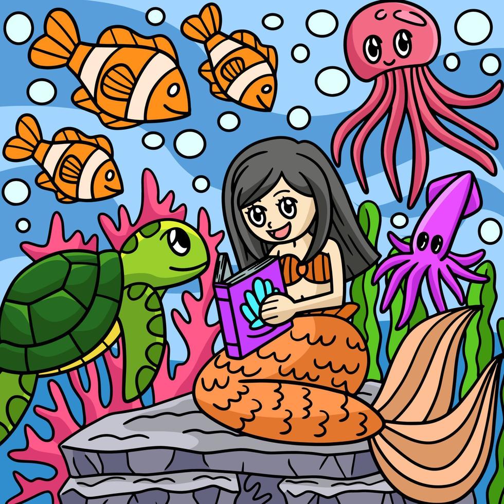 zeemeermin lezen boek gekleurde cartoon afbeelding vector