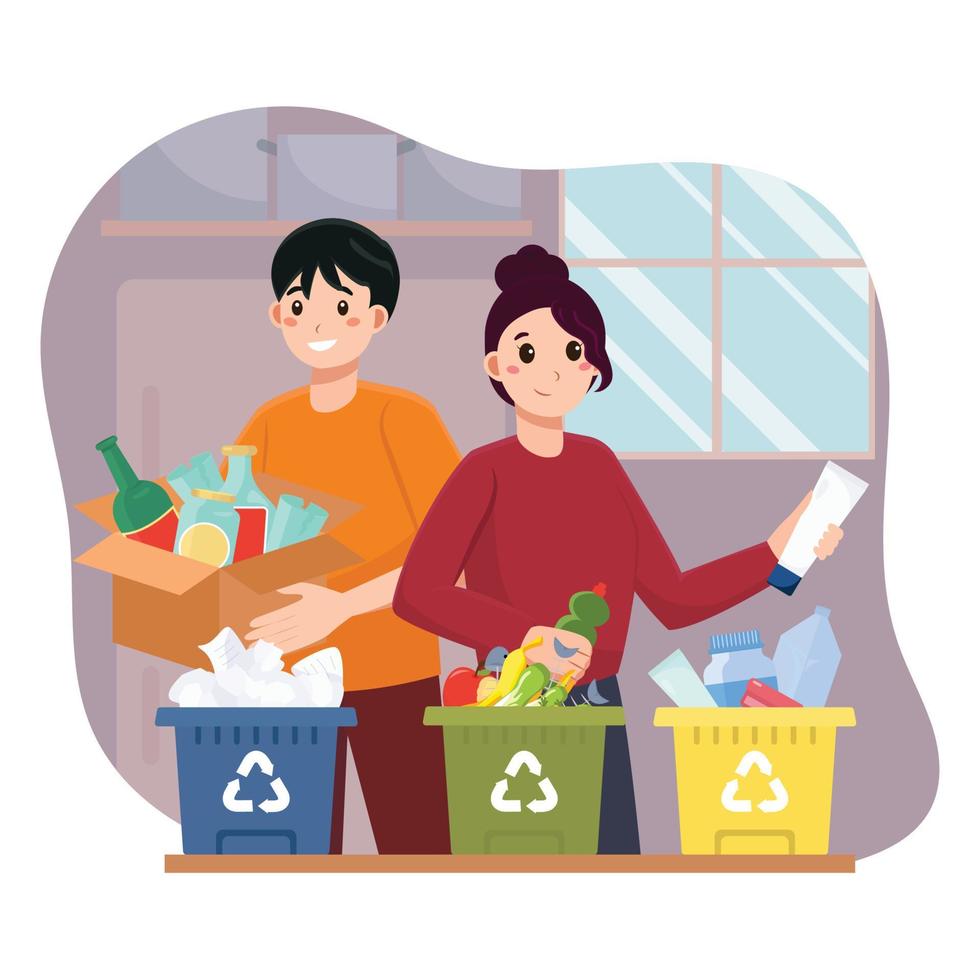 man en vrouw doen thuis recyclingactiviteiten vector