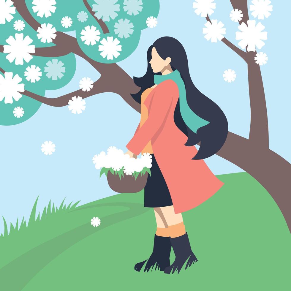 lente meisje. mooi meisje met een mand met bloemen tegen de achtergrond van een lentelandschap. vector afbeelding.