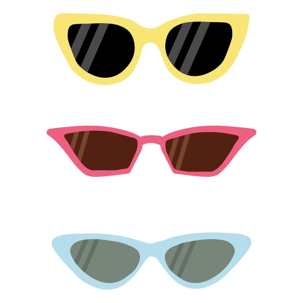 een set roze, blauw en geel frame zonnebrillen met zwarte en donkere lenzen. vectorillustratie in vlakke stijl vector