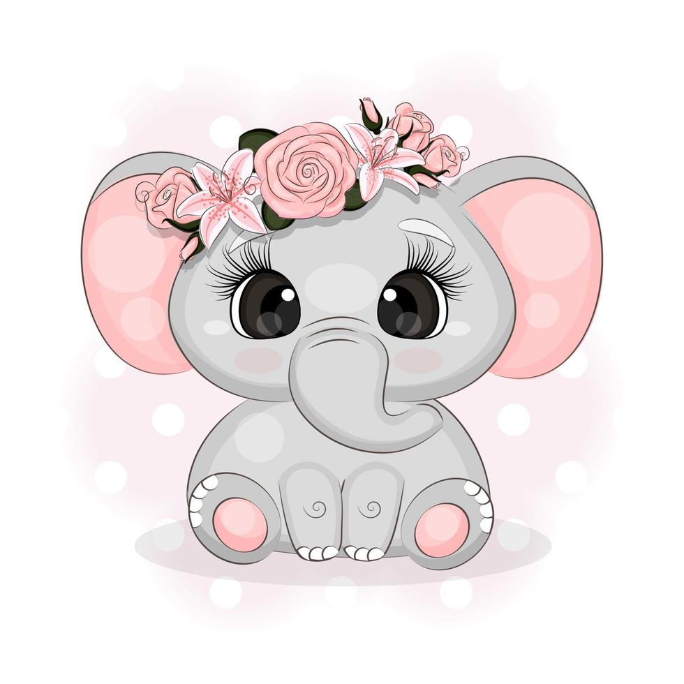 kleine olifant met bloemen op zijn hoofd, textieldruk, t-shirt of pakket, vectorillustratie vector