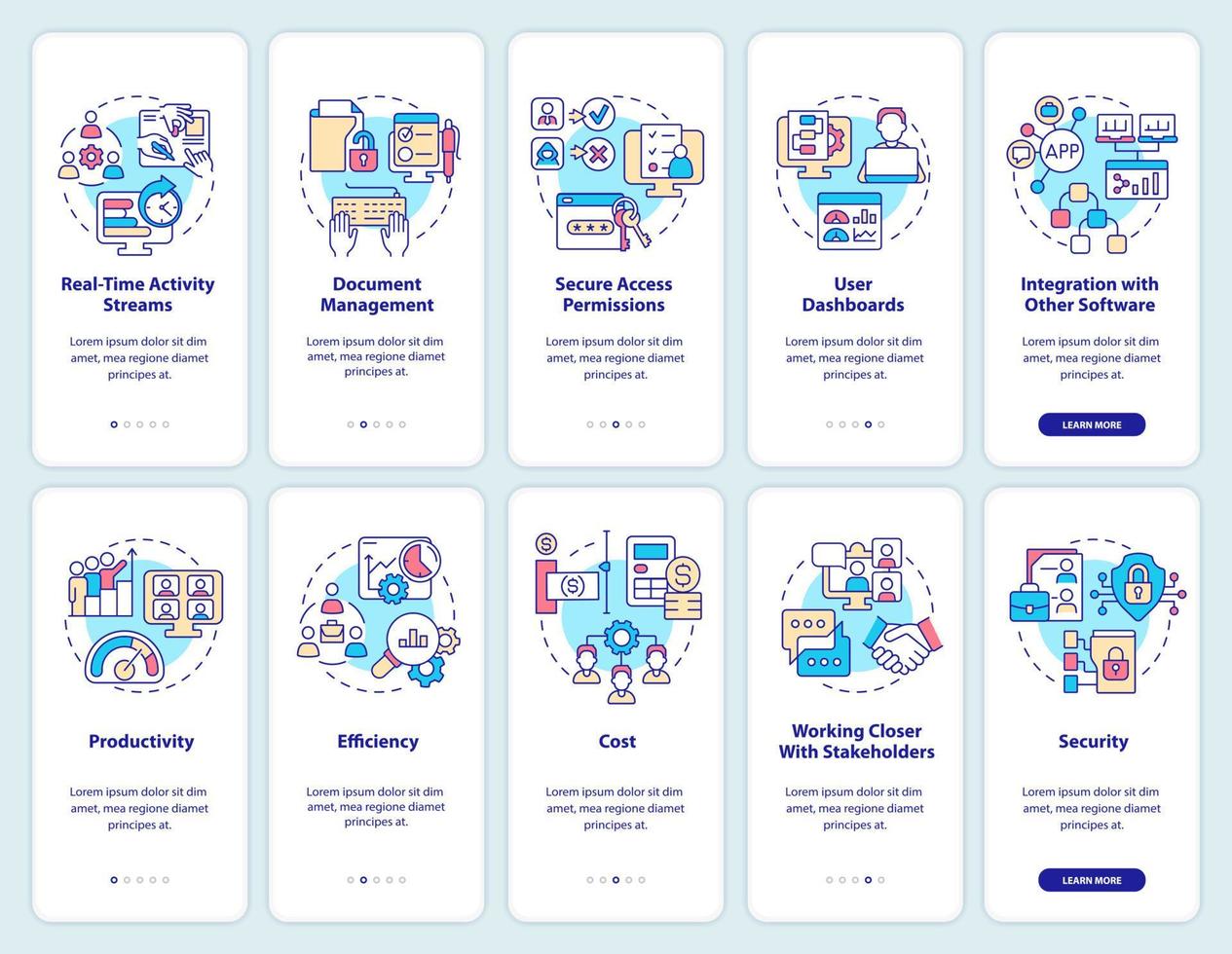 online werkplek onboarding mobiele app-schermset. virtueel kantoor walkthrough 5 stappen grafische instructiepagina's met lineaire concepten. ui, ux, gui-sjabloon. vector